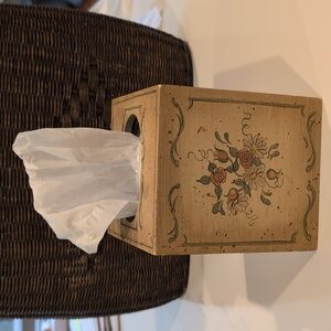 Hand Painted Floral Wooden Tissue Box Cover Signed Cottagecore